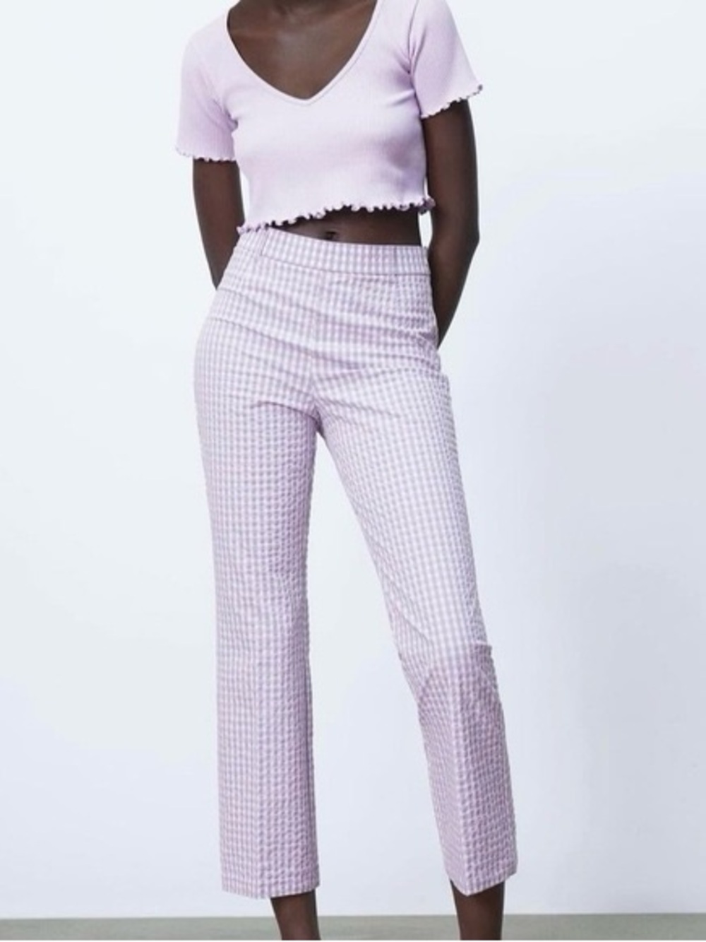 Zara Lilac Gingham Cropped Straight Pants